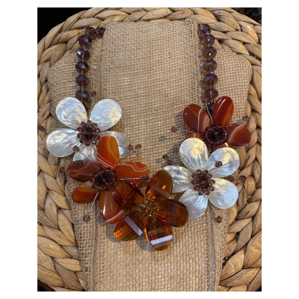 Boho Floral Statement Necklace Mother of Pearl Carnelian Agate Beaded Bib Brown